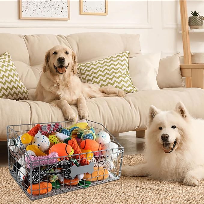 Geyecete Toy box for dogs large Dog Toy organizer Pet wire folding basket dog toy container dog toy box -Can be Personalized-Cat and Puppy-Gray