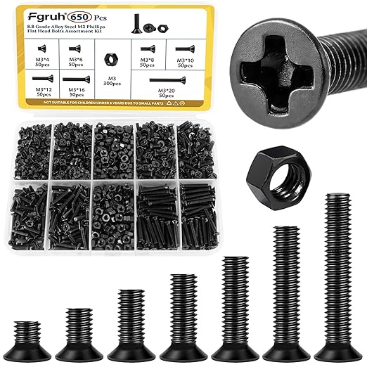 650pcs M3 Countersunk Screws Assortment Kit, M3x4/6/8/10/12/16/20 mm Phillips Flat Head Bolts and Nut Assorted Set, Machine Screws Grade 8.8 Alloy Steel Black Zinc Plated