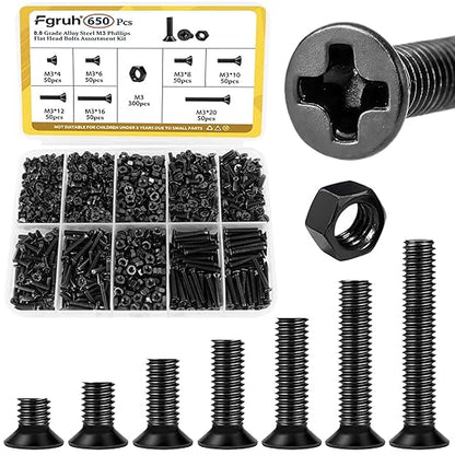 650pcs M3 Countersunk Screws Assortment Kit, M3x4/6/8/10/12/16/20 mm Phillips Flat Head Bolts and Nut Assorted Set, Machine Screws Grade 8.8 Alloy Steel Black Zinc Plated