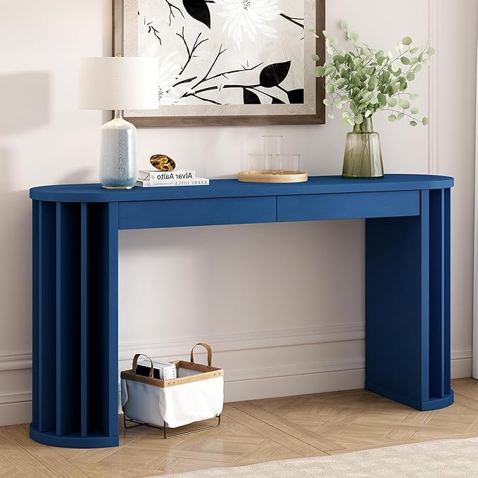 59-inch Long Console Table, Oak Veneer Sofa Table, Curved and Straight Line Design Couch, Farmhouse Entryway Table for Entrance, Hallway, Living Room (Navy Blue-J49)