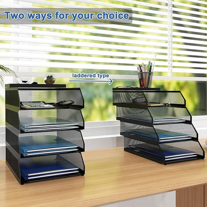 Natwind 4-Tier Paper Organizers,Desk Organizer,Stackable Paper Tray, Desk Accessories,Metal Mesh Desktop Organizer,Letter Trays,File Document Storage Rack for for Home, Office, School (Black)