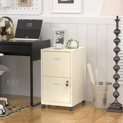 2 Drawer File Cabinet with Lock，Cream Rolling File Cabinet for Home Office, Metal Small Mobile Filing Cabinets on Wheels for Hanging Letter