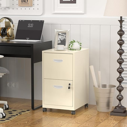 2 Drawer File Cabinet with Lock，Cream Rolling File Cabinet for Home Office, Metal Small Mobile Filing Cabinets on Wheels for Hanging Letter