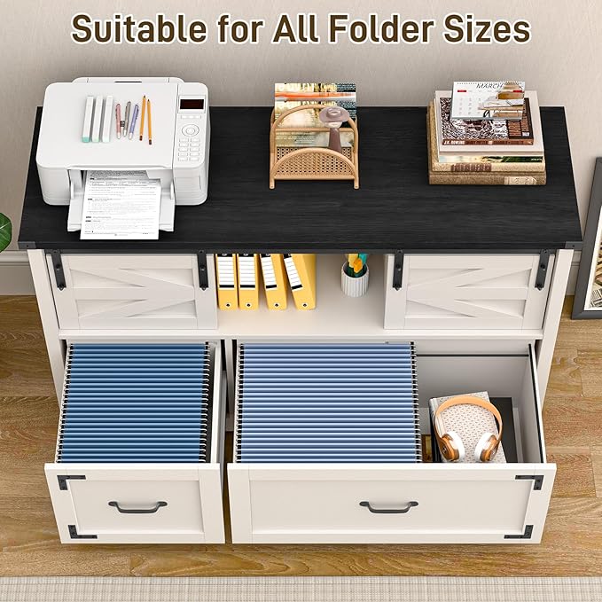 Lateral File Cabinets 2 Drawer with Sliding Barn Doors, Farmhouse Filing Cabinet with 2 drawer for Home Office，Filing Organization Storage Cabinets for Hanging Files Letter/Legal/F4/A4.(Black.)