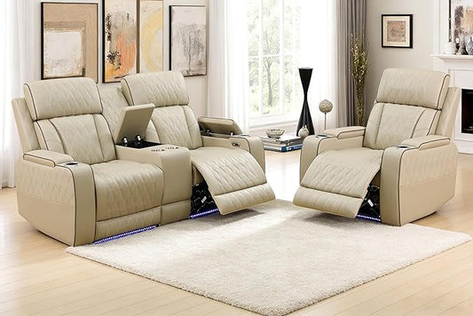 Living Room Furniture Sets,Power Reclining Couch Set for Living Room, Power Reclining Loveseat Recliner Chair with Drop Down Table LED Cupholders for Home and Office, Khaki