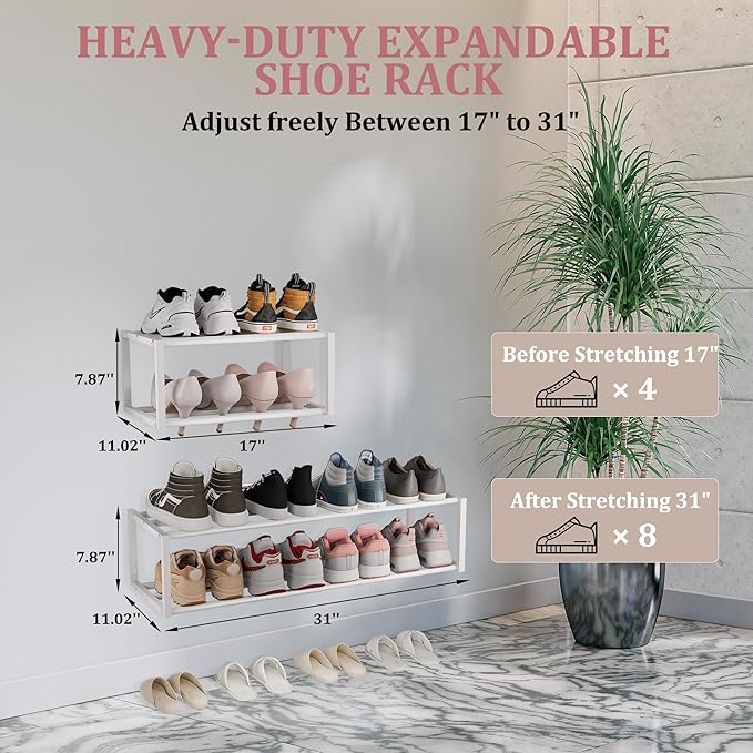 2 Pack Expandable Wall Mounted Shoe Rack, 17"-31" Adjustable Hanging Shoe Rack Holds 16 Pairs, Heavy Duty Metal Shoe Holder with 4 Storage Hooks, Space Saving for Entryway Closet Doorway（White