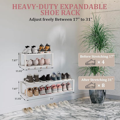 Expandable Wall Mounted Shoe Rack, 17"-31" Adjustable Hanging Shoe Rack Holds 8 Pairs, Heavy Duty Metal Shoe Holder with 2 Storage Hooks, Space Saving for Entryway Closet Doorway（White）