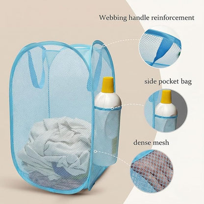 The upgraded pop-up laundry basket features a breathable side pocket mesh design, making it ideal for rooms, apartments, dormitories, travel, business trips, and children's storage (1,sky blue)