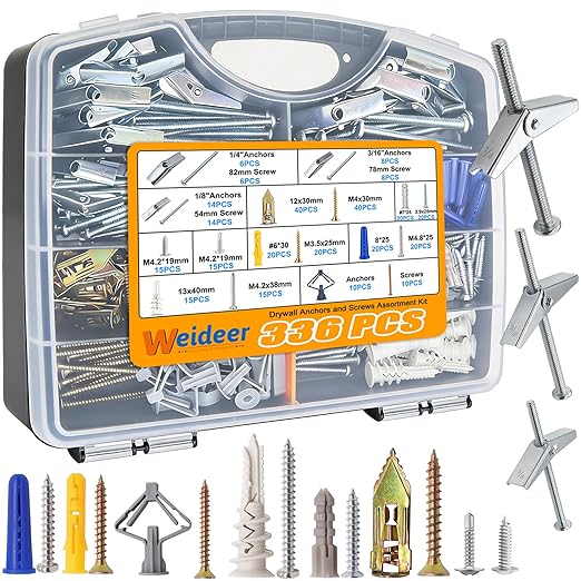 weideer 336PCS 11Sizes Drywall Anchors and Screws Assortment Kit,Toggle Bolts and Wing Nut Kit,Plastic Dry Wall Anchors with Wood Screws Handheld Box (1/4" 3/16" 1/8" #6#7#8 M8 M12 M13)