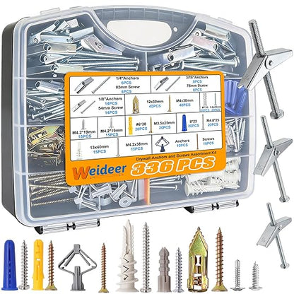 weideer 336PCS 11Sizes Drywall Anchors and Screws Assortment Kit,Toggle Bolts and Wing Nut Kit,Plastic Dry Wall Anchors with Wood Screws Handheld Box (1/4" 3/16" 1/8" #6#7#8 M8 M12 M13)