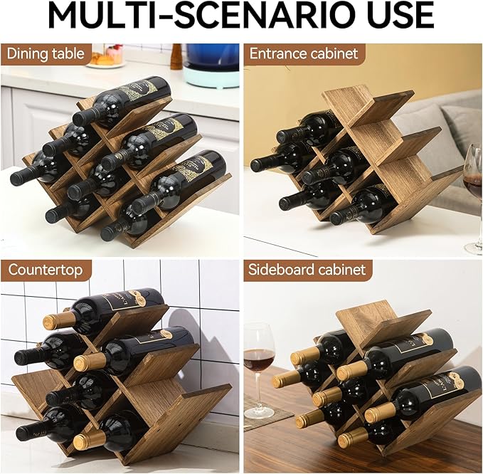 KIRIGEN 8-Bottle Countertop Wine Rack - Wine Bottle Holder for Bar Table/Wine Cabinet Free Standing - Wood 3-Tier Wine Display and Storage Shelves Dark Brown XHJJ3-DBR