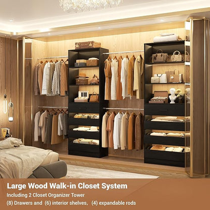 Aheaplus Closet System, 6-15Ft Closet Organizer with 8 Wooden Drawers, Wood Closet Organizer System with Tower, Walk-in Closet Organizer Wardrobe Clothes Rack with 4 Hanging Rods, Garment Rack, 1Black