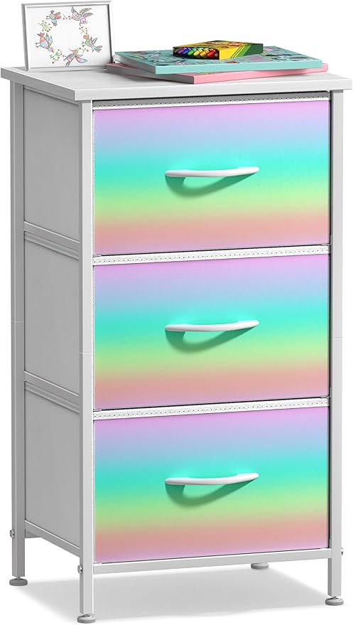 Sorbus Nightstand with 3 Drawers - Bedside Furniture & Accent End Table Chest for Home, Bedroom Accessories, Office, College Dorm, Steel Frame, Wood Top, Pastel Fabric Bins