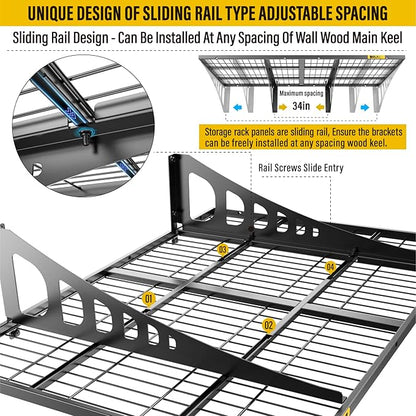 2x3ft Adjustable Rail Wall Garage Storage Shelf, for Tool Room, Storage Room, Store Supermarket Wall Storage Shelving Rack (4 Pack-Black)