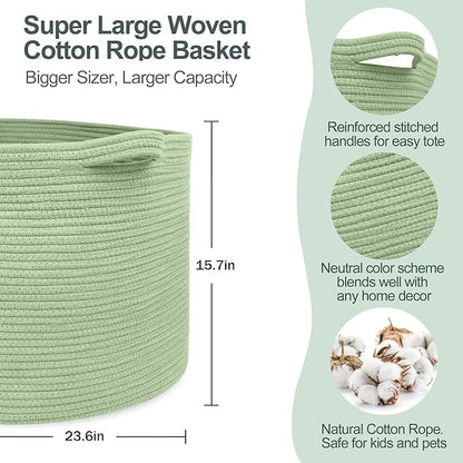 115L Oversized Green Basket, 23.6"x15.7" Woven Cotton Rope Bin for Blankets, Nursery Wicker Laundry Hamper, Kids Toy Storage Bin, Sage Green Living Room Bedroom Decor Baskets for Organizing