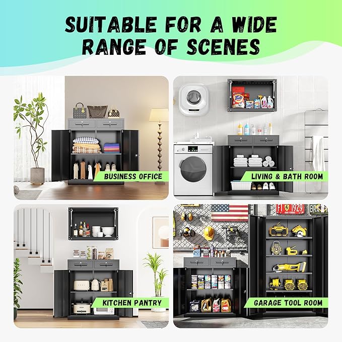 Bonusall Garage Storage Cabinet with 2 Drawers,36" Metal Office Cabinets with Doors and Shelves,Steel Cabinet for Home Office,School,Warehouse(Black)