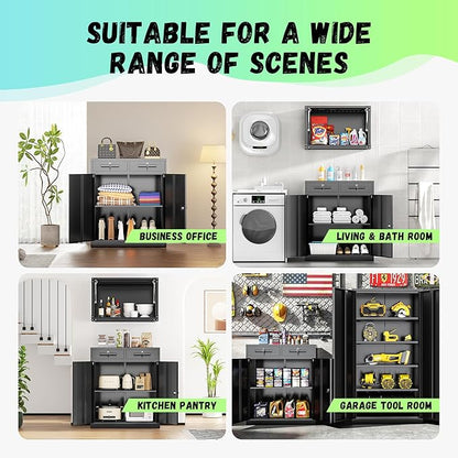 Bonusall Garage Storage Cabinet with 2 Drawers,36" Metal Office Cabinets with Doors and Shelves,Steel Cabinet for Home Office,School,Warehouse(Black)