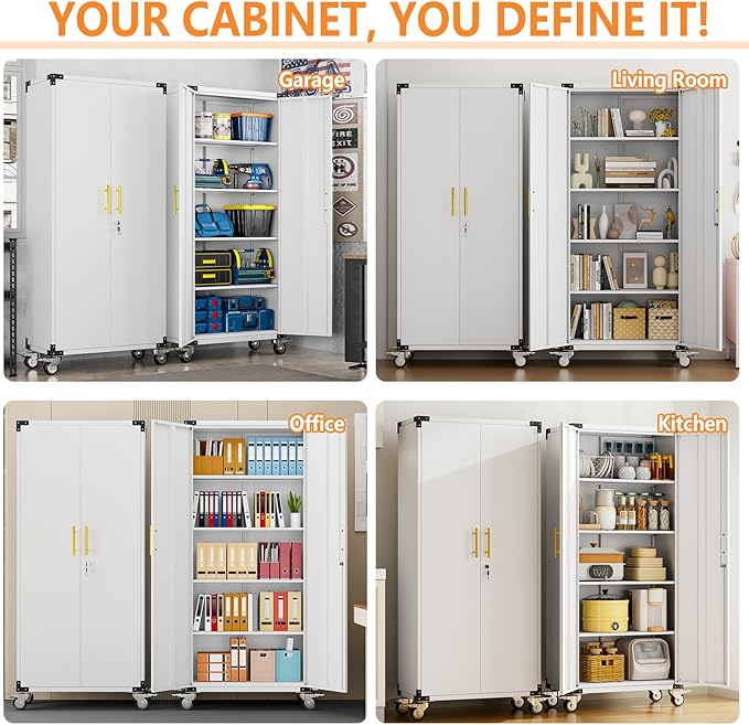 71" Storage Cabinet with 4 Adjustable Shelves, Locking Metal Tool Storage Cabinet with Wheels for Garage, Warehouse,Assembly Required, Grey