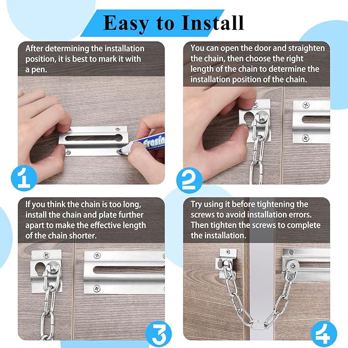 2 Pack Door Chain Lock, Stainless Steel Chain Locks for Inside Door, Premium Thickened with 12 Screws