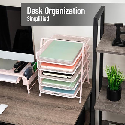 Mind Reader 5-Tier Paper Tray Organizer, Vertical Desktop File Storage Rack, Office, Metal Mesh, Pink