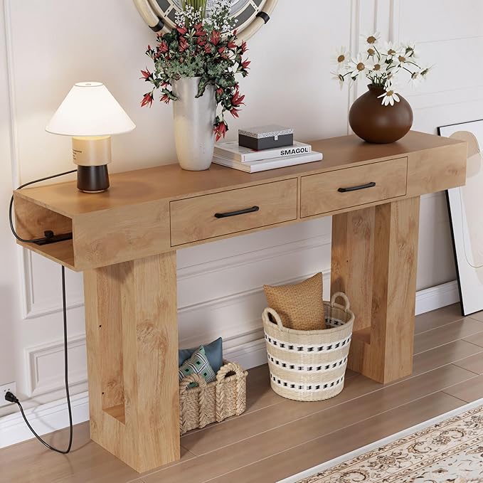 63" Console Table for Entryway, Farmhouse Sofa Tables with Drawers and Outlet, Narrow Long Accent Table for Entrance Hallway Living Room, Natural