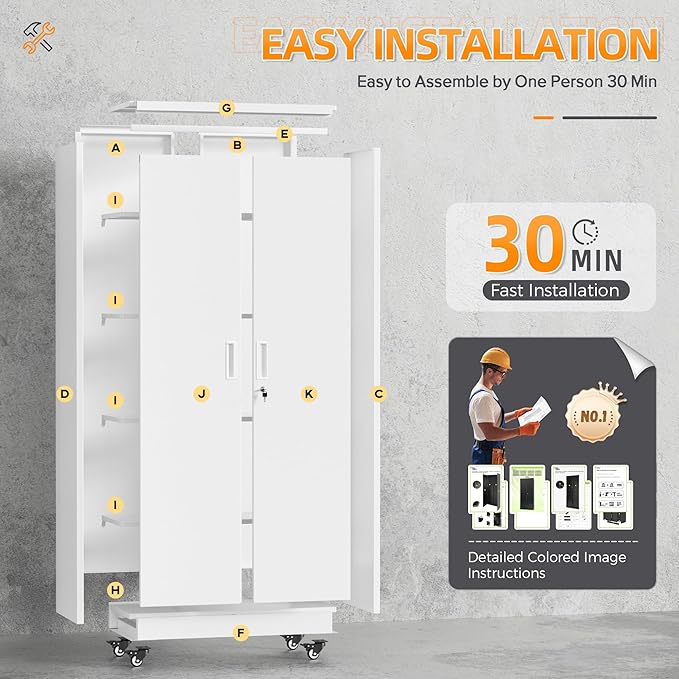 Pataku 73" Metal Storage Cabinet with Wheels, Garage Storage Cabinet with 4 Adjustable Shelves & Lockable Doors for Garage Home Office, Heavy Duty Tool Cabinets（White）