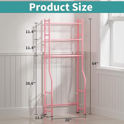 3-Tier Over The Toilet Storage with Paper Holder, Metal Bathroom Organizers and Storage for Small Space, Freestanding Bathroom Shelves with 4 Hooks, Above The Toilet Storage Shelf (Pink)