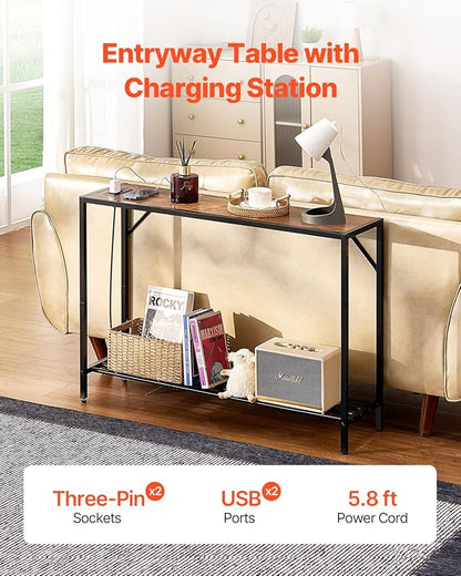 VEVOR Narrow Console Table, 41.7" Behind Couch Shelf with Power Outlets, 2-Tier Long Entryway Shelf, Sofa Table with Metal Frame and Charge Station, for Entryway, Hallway, Living Room