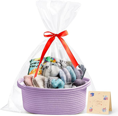 Small Woven Purple Gifts Basket for Storage Empty with Ribbons and Bags Durable Cute Gifts 12"X 8" X 5" Small Rope Basket for Gifting