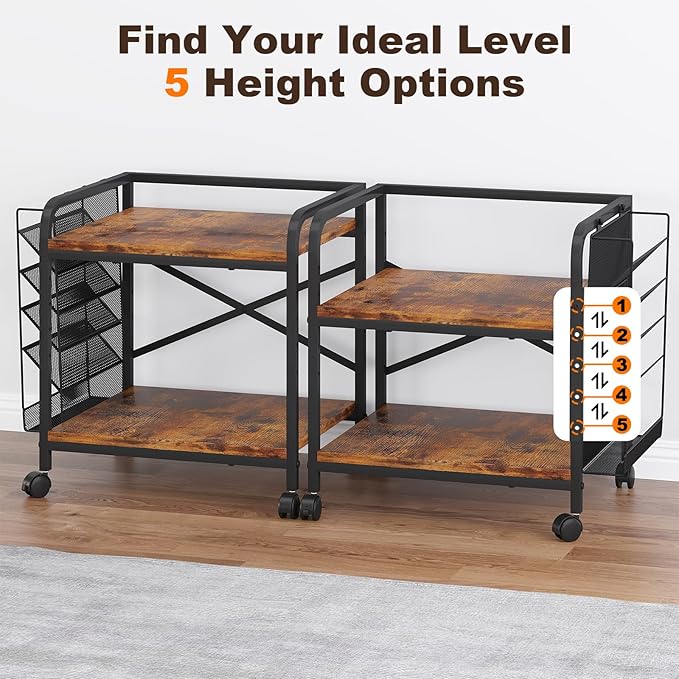 EasyCom Large Printer Stand with File Holder Organizer, Adjustable Height Shelf with Wheels, Rolling Printer Cart with Storage for Printer Scanner Fax Home Office Use Rustic Brown
