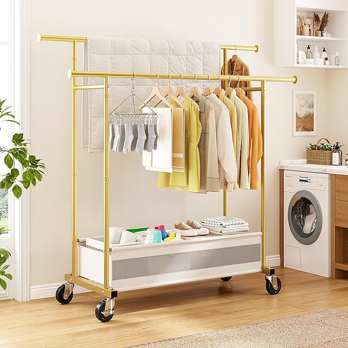 Clothes Rack, Double rods clothing rack, Clothing Racks for hanging clothes, Rolling clothes rack with Storage Basket & Heavy Duty Wheels, garment rack for Bedroom, Laundry Room, Gold