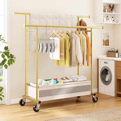 Clothes Rack, Double rods clothing rack, Clothing Racks for hanging clothes, Rolling clothes rack with Storage Basket & Heavy Duty Wheels, garment rack for Bedroom, Laundry Room, Gold