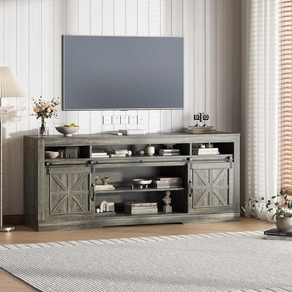 Garvee TV Stand Table for 75 in Television, Media Console Table with Open Storage, Power Outlets, Barn Doors, Entertainment Center with Adjustable Shelves for Home & Office, 66 in Width, Oak