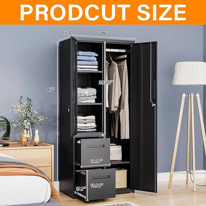 Metal Storage Cabinets Locker, 67" Locker with Clothes Rod, Lockable Freestanding Wardrobe for Office, Home, School, Laundry Room, Gym (Black)