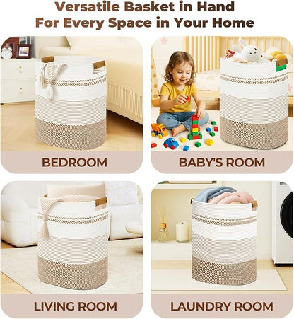 Laundry Basket with Handles - Blanket Basket & Hampers for Bedroom Aesthetic, Laundry Hamper & Blanket Storage for Living Room, Clothes Hamper, Tall, Large 17" x 14" x 22”, Brown & White