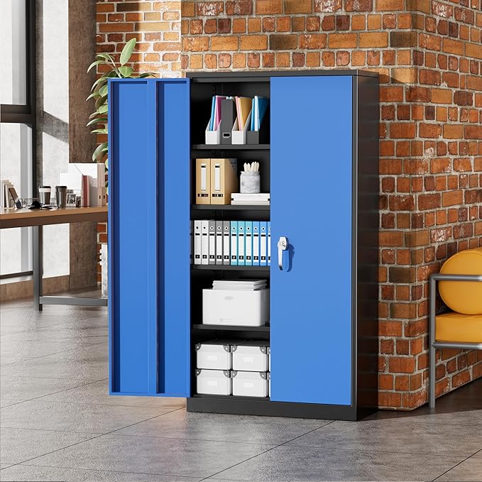 Greenvelly Metal Garage Storage Cabinet, 72" Black Blue Tool Steel Locking Cabinet with Doors and 4 Shelves, Tall Cabinets for Garage Storage Systems Lockable File Cabinet for Home Office,Garage
