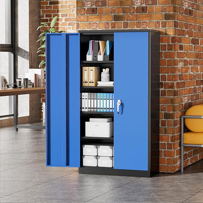 Greenvelly Metal Garage Storage Cabinet, 72" Black Blue Tool Steel Locking Cabinet with Doors and 4 Shelves, Tall Cabinets for Garage Storage Systems Lockable File Cabinet for Home Office,Garage