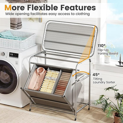 Giantex Laundry Sorter with Foldable Ironing Board, 3 Section Tilt Out Laundry Hamper with Removable Bags, Heavy-Duty Rolling Laundry Cart with Lockable Wheels for Bathroom Bedroom, Grey