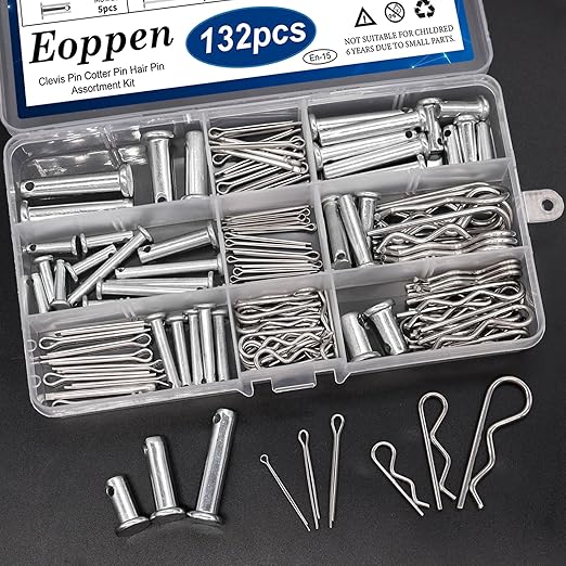 132Pcs Clevis Pin Cotter Pin Hair Pin Assortment Kit - 304 Stainless Steel 15 Sizes Cotter Pin & R Clips Pin Zinc-Plated Single Hole Flat Head Clevis Pins