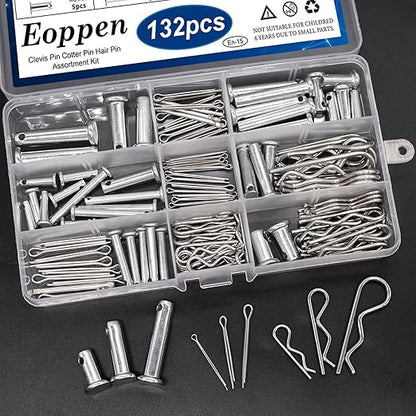 132Pcs Clevis Pin Cotter Pin Hair Pin Assortment Kit - 304 Stainless Steel 15 Sizes Cotter Pin & R Clips Pin Zinc-Plated Single Hole Flat Head Clevis Pins
