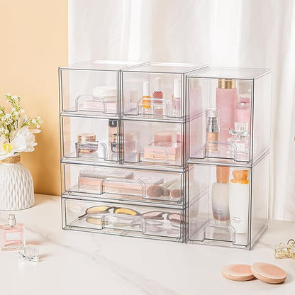 Vtopmart Stackable Storage Drawers Set of 6, Clear Plastic Organizer Bins for Bathroom Supplies, Ideal for Cabinet,Shelf, Pantry, Laundry Room Organization