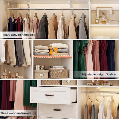 8FT Closet System with 3 Curved Drawers, 96'' Wooden Walk-in Closet Organizer with 3 Top Shelves, Adjustable Organizer System with 3 Hanging Rods, Built-in Wardrobe Storage Rack for 4-8 ft, White