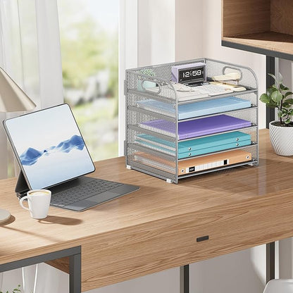 5 Tier Paper Organizer with Handle, Silver Metal Mesh Desk Organizer File Folder Paper Letter Tray Desktop Document Sorter for Classroom, School, Office Accessories Organization and Storage