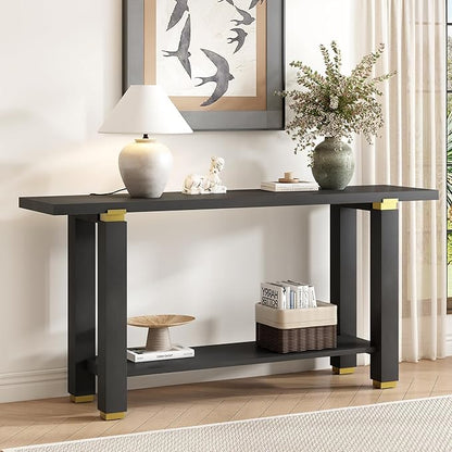 62.9" Modern Minimalist Console Table, Solid Wood Entryway Sofa Table with Metal Accents, 2-Tier with Open Shelf and Built-in Shelf for Living Room, Hallway (Black-J22)