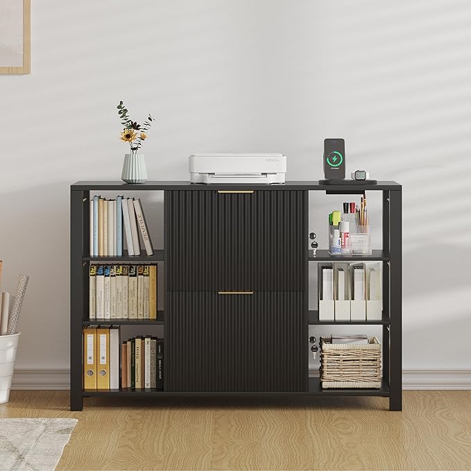 File Cabinet for Home Office, Fluted Filing Cabinet with Charging Station, 2 Drawers Fit Letter/Legal/A4 with Tabs, Printer Stand with Lock & 2 Power Outlets, 6 Shelves (2, Black)