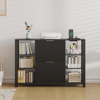 File Cabinet for Home Office, Fluted Filing Cabinet with Charging Station, 2 Drawers Fit Letter/Legal/A4 with Tabs, Printer Stand with Lock & 2 Power Outlets, 6 Shelves (2, Black)