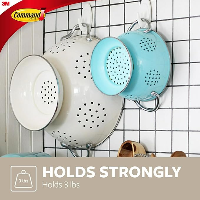 Command Indoor Terrace Hooks, 2 Hooks and 4 Strips, Damage-Free Hanging Wall Hook with Adhesive Strips, No Tools Great for Hanging, Organization and Storage, Holds up to 3 lb