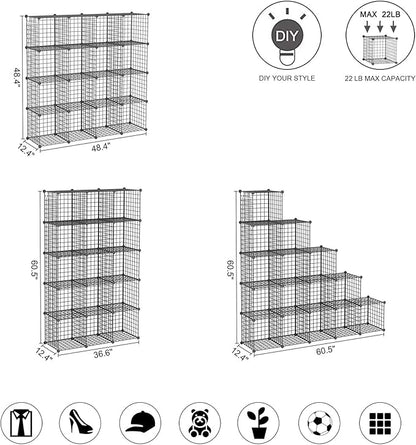 C&AHOME Wire Cube Storage, 16 Cubes Organizer Metal Grids Storage, Storage Bins Shelving, Modular Bookshelf Shelf, DIY Closet Cabinet Ideal for Bedroom, Office 48.4”L x 12.4”W x 48.4”H Black