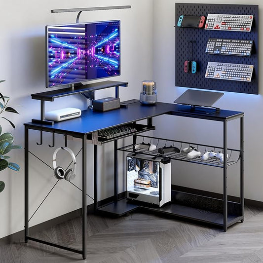 Computer Desk, L Shaped Gaming Desk with Monitor Stand & Storage Shelf & LED Light & USB Power Outlet, Reversible Shelves Corner Table with Keyboard Tray for Gaming, Home Office, Study