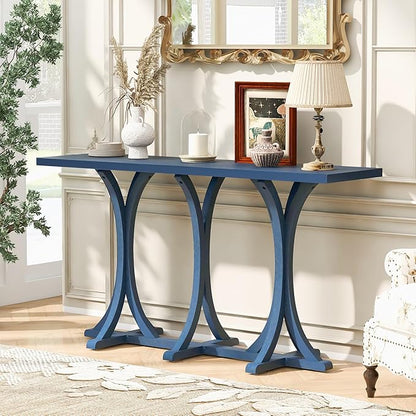 59.8" Wooden Console Table with Oak Veneer Top,Farmhouse Entryway Table with Rubber Wood Slender Curved Legs,Perfect for Living Room,Entryway,Hallway,Navy Blue